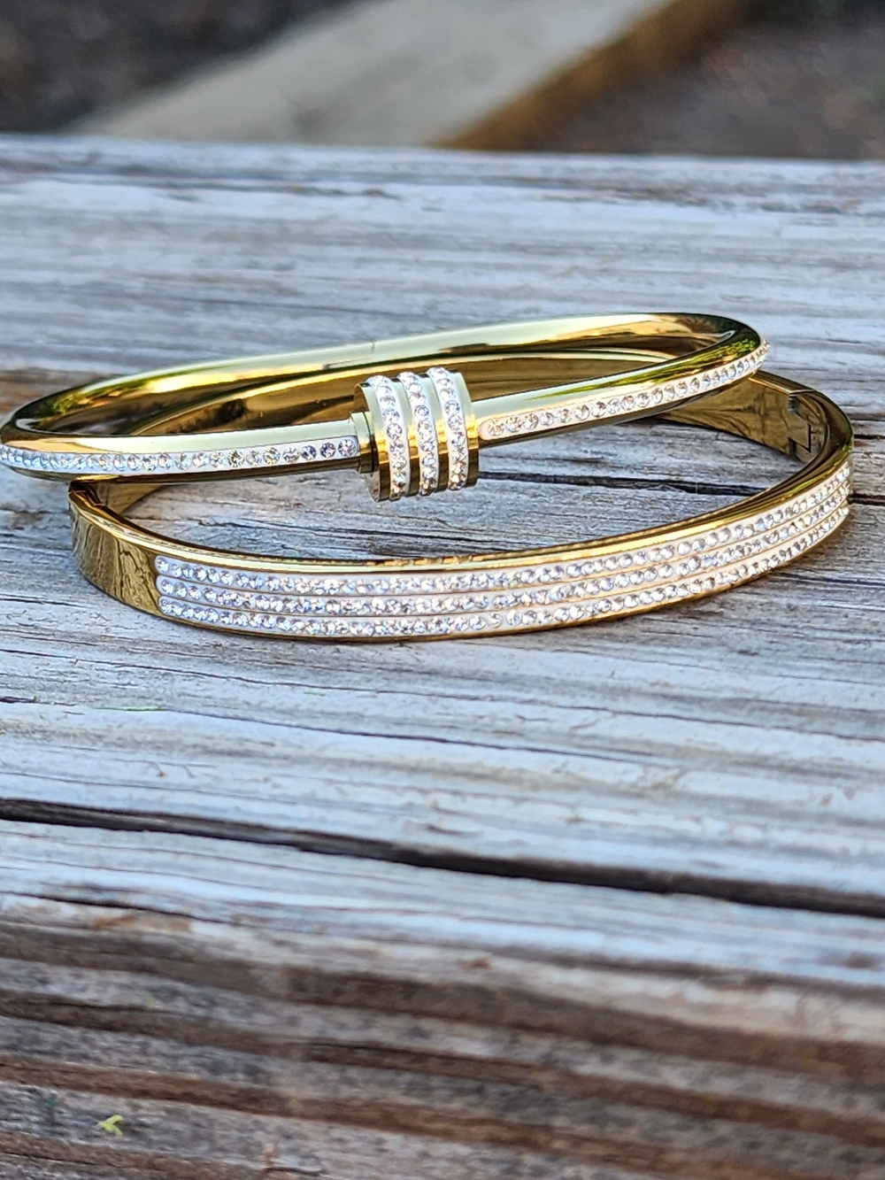 Gold Crystal-Accented Women's Bangle Bracelet Set Stainless Steel
